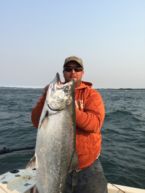 THE COLUMBIA IS SEEING WHAT APPEARS TO BE A RECORD RETURN OF CHINOOK OF ALL STOCKS IN 2015, BUT IT'S THE FALL FISH THAT ARE LEADING THE CHARGE. CHAD HUFFMAN CAUGHT THIS ONE AT BUOY 10 ON A PINK FISH FLASH AND HERRING LAST MONTH. (DAIWA PHOTO CONTEST)